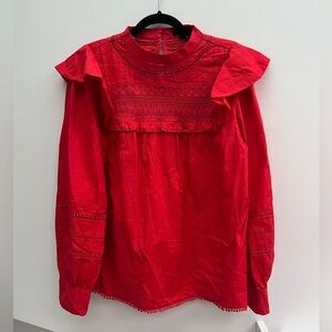J. Crew size L tomato red long sleeve top with ruffles and amazing detailing!